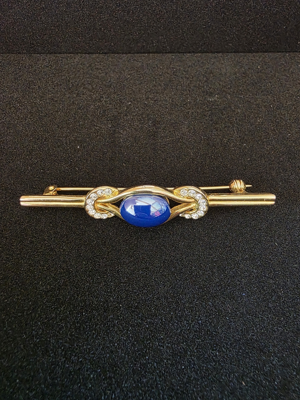 Monet Gold-Tone Brooch with Royal Blue Cabochon and Clear Crystal Accents